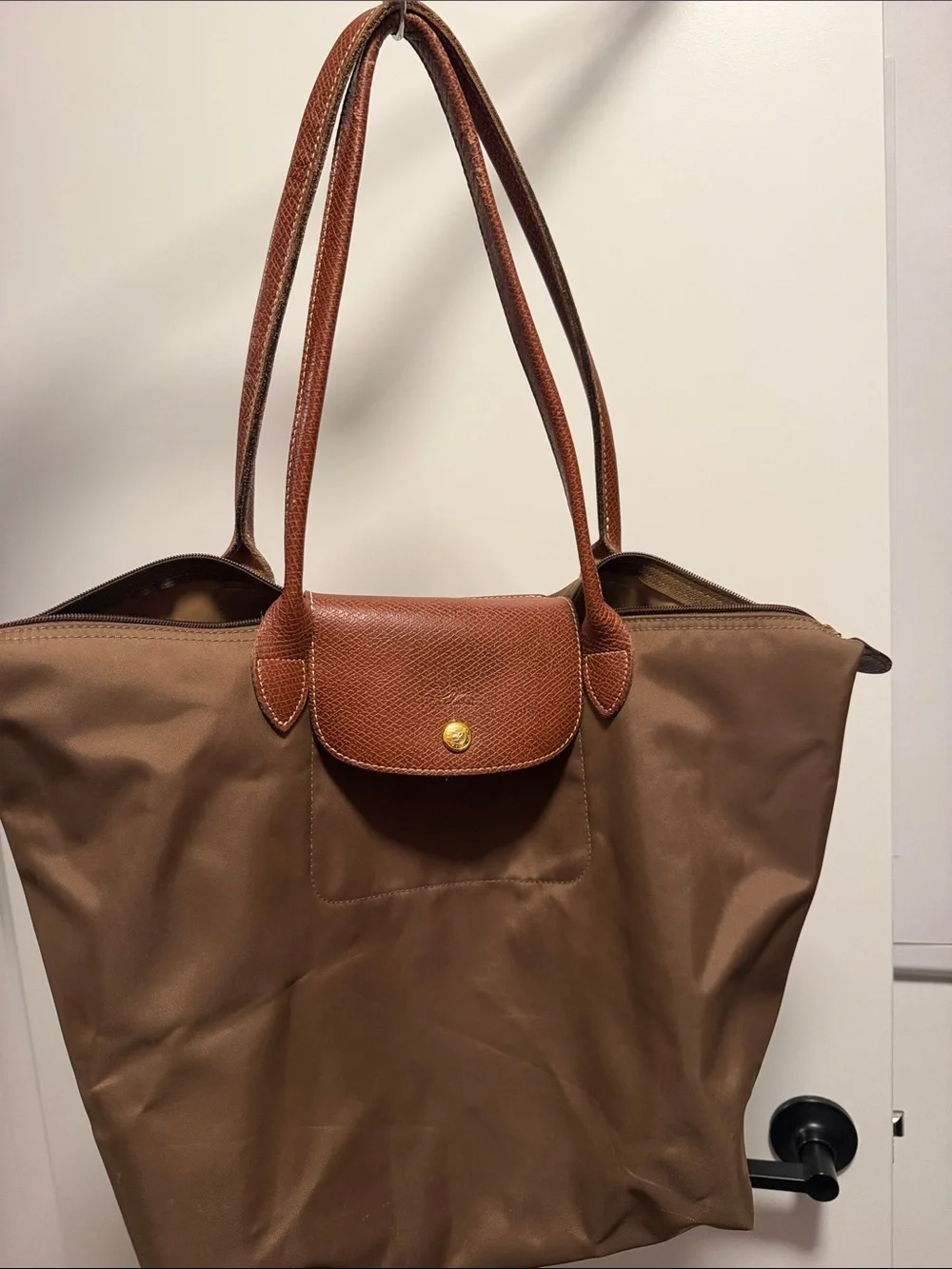 Brown Leather-Trim Bag with Gold Accent